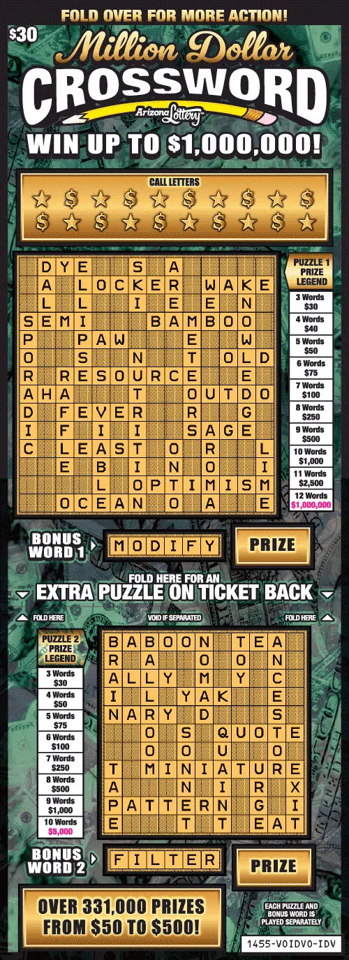 Million Dollar Crossword Arizona scratcher ticket