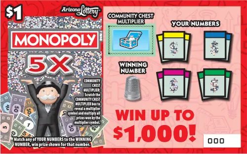 MONOPOLY 5X Arizona scratcher ticket