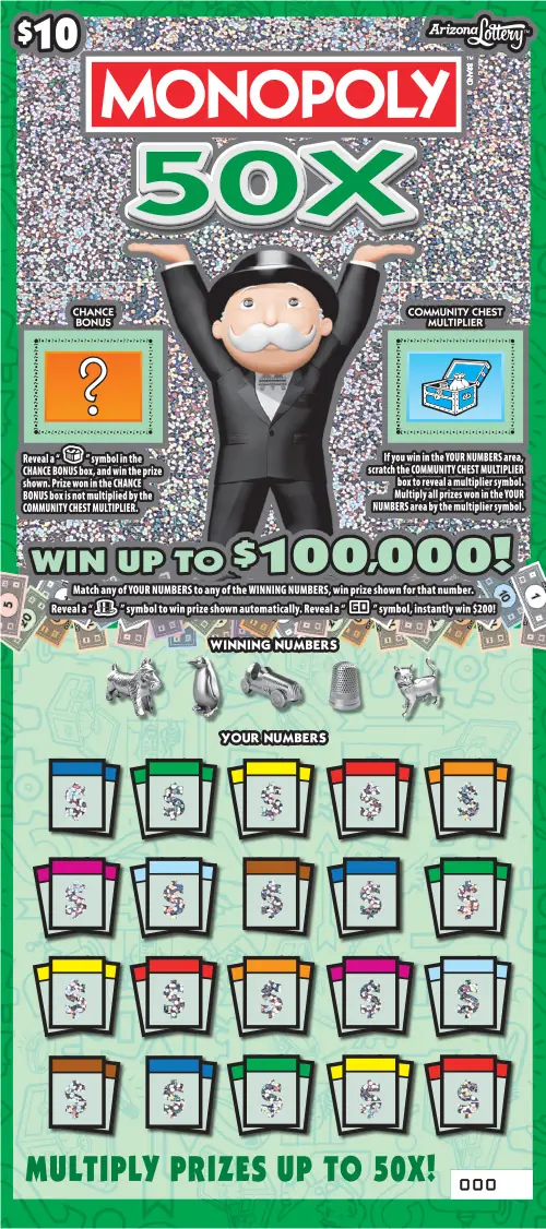 MONOPOLY 50X Arizona scratcher ticket