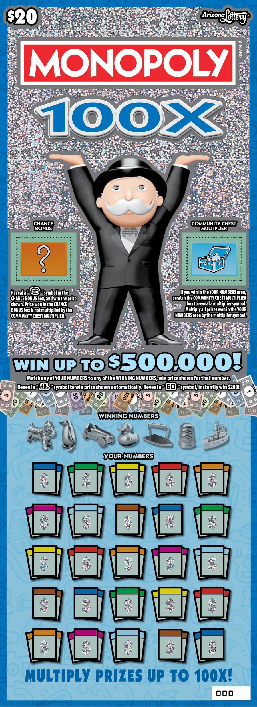 MONOPOLY 100X Arizona scratcher ticket