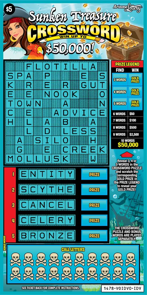 Sunken Treasure Crossword Arizona scratcher ticket