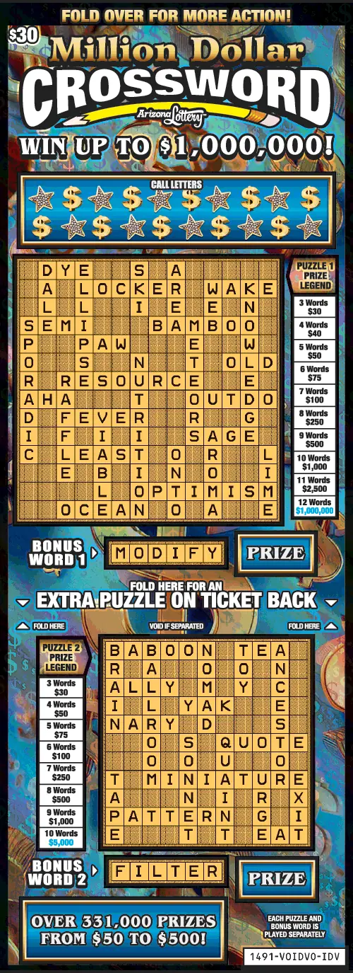 Million Dollar Crossword Arizona scratcher ticket