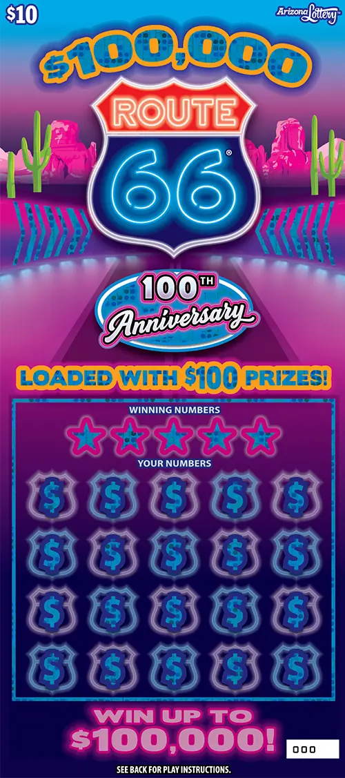 $100,000 ROUTE 66® Arizona scratcher ticket