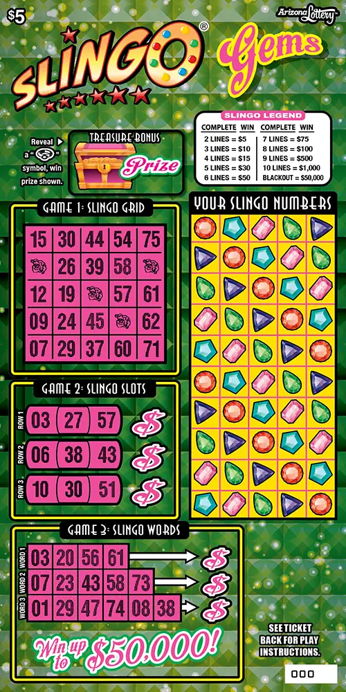 SLINGO® Gems Arizona scratcher ticket
