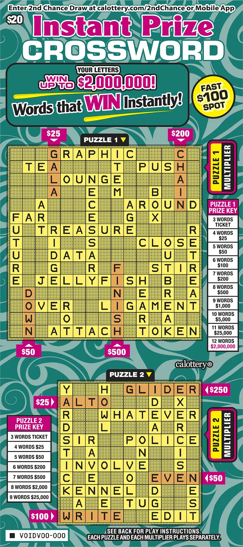 Instant Prize Crossword California scratcher ticket