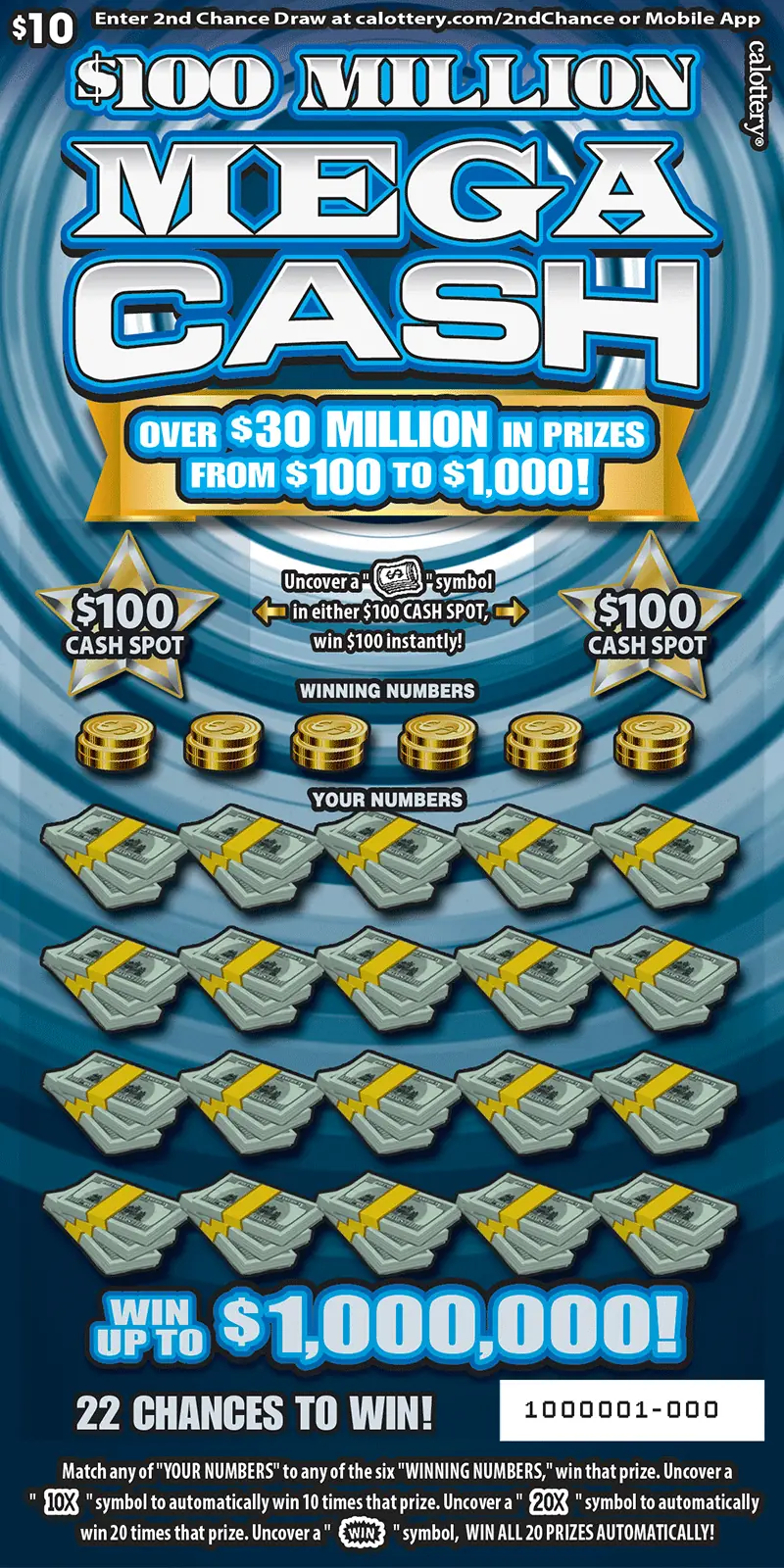 $100 Million Mega Cash California scratcher ticket