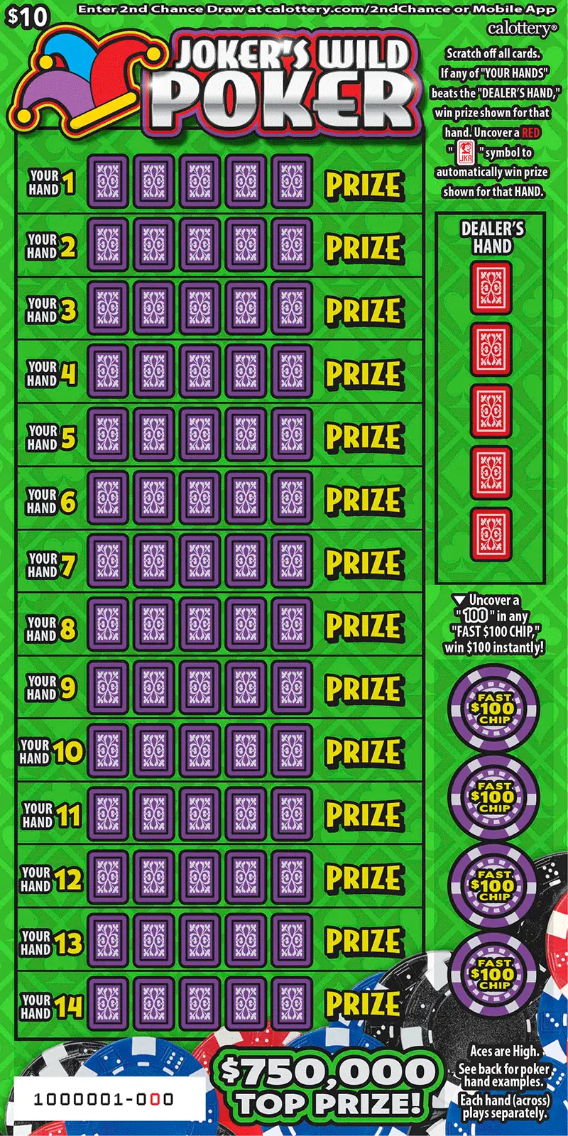 Joker's Wild Poker California scratcher ticket