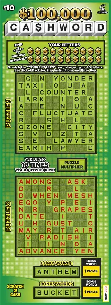 $100,000 CA$HWORD Connecticut scratch game ticket