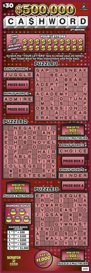 $500,000 CA$HWORD 2ND EDITION Connecticut scratch game ticket
