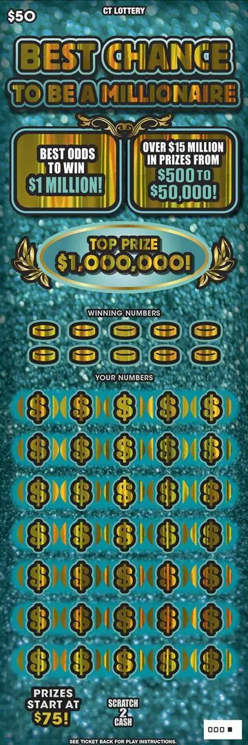 BEST CHANCE TO BE MILLIONAIRE Connecticut scratch game ticket