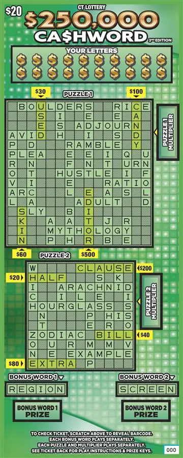 $250,000 CA$HWORD 2ND EDITION Connecticut scratch game ticket