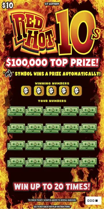 RED HOT 10S Connecticut scratch game ticket