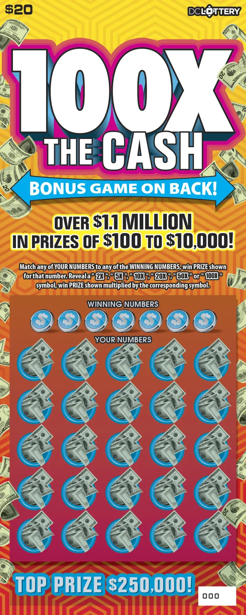 100X the Cash District of Columbia scratcher ticket