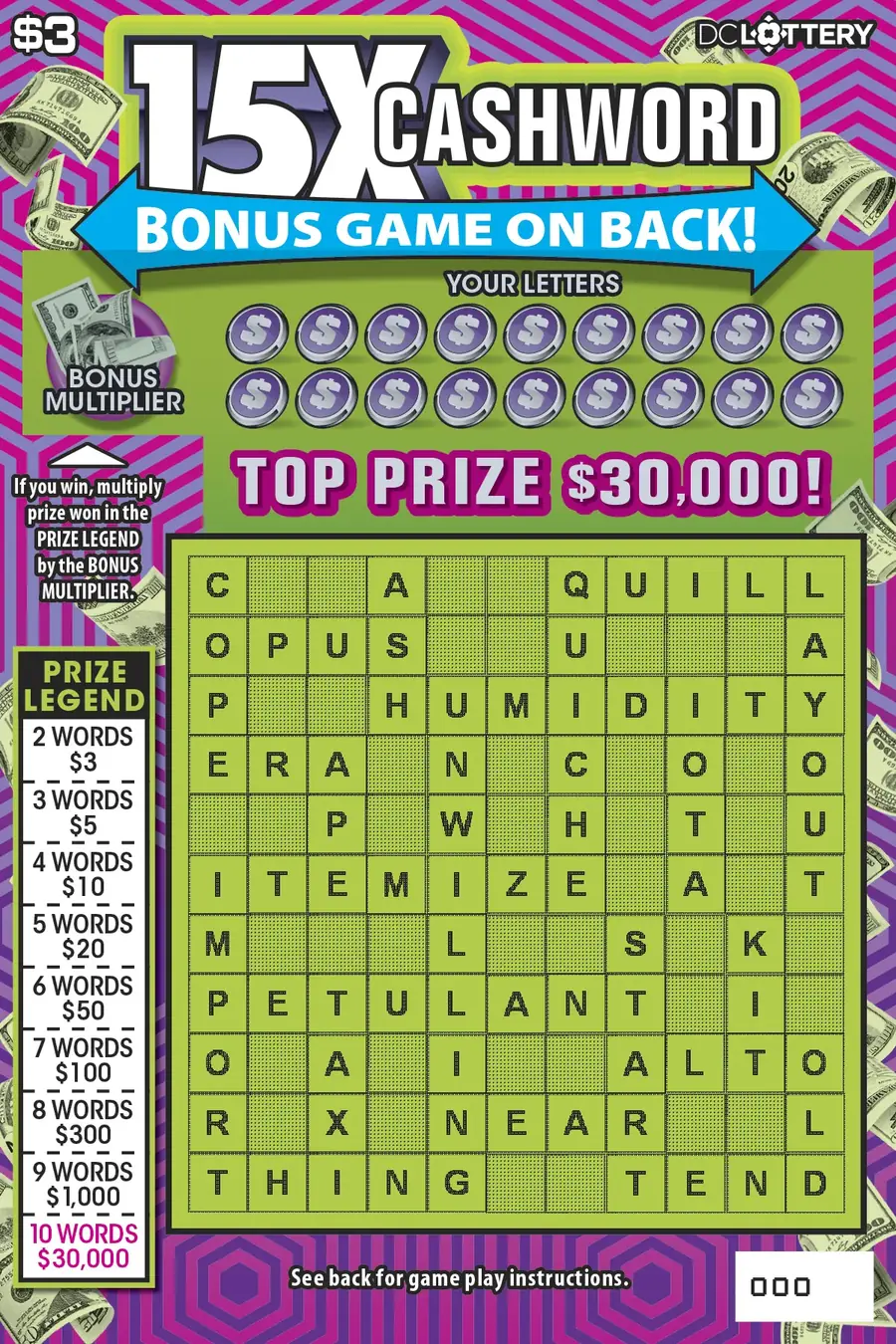 15X Cashword District of Columbia scratcher ticket