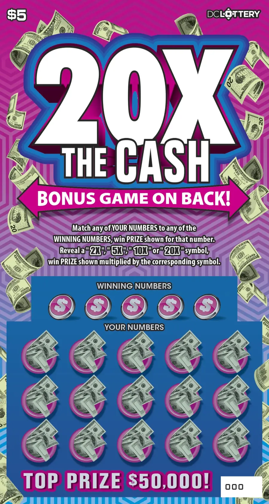 20X the Cash District of Columbia scratcher ticket