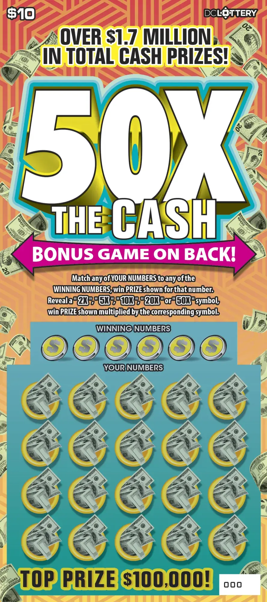 50X the Cash District of Columbia scratcher ticket