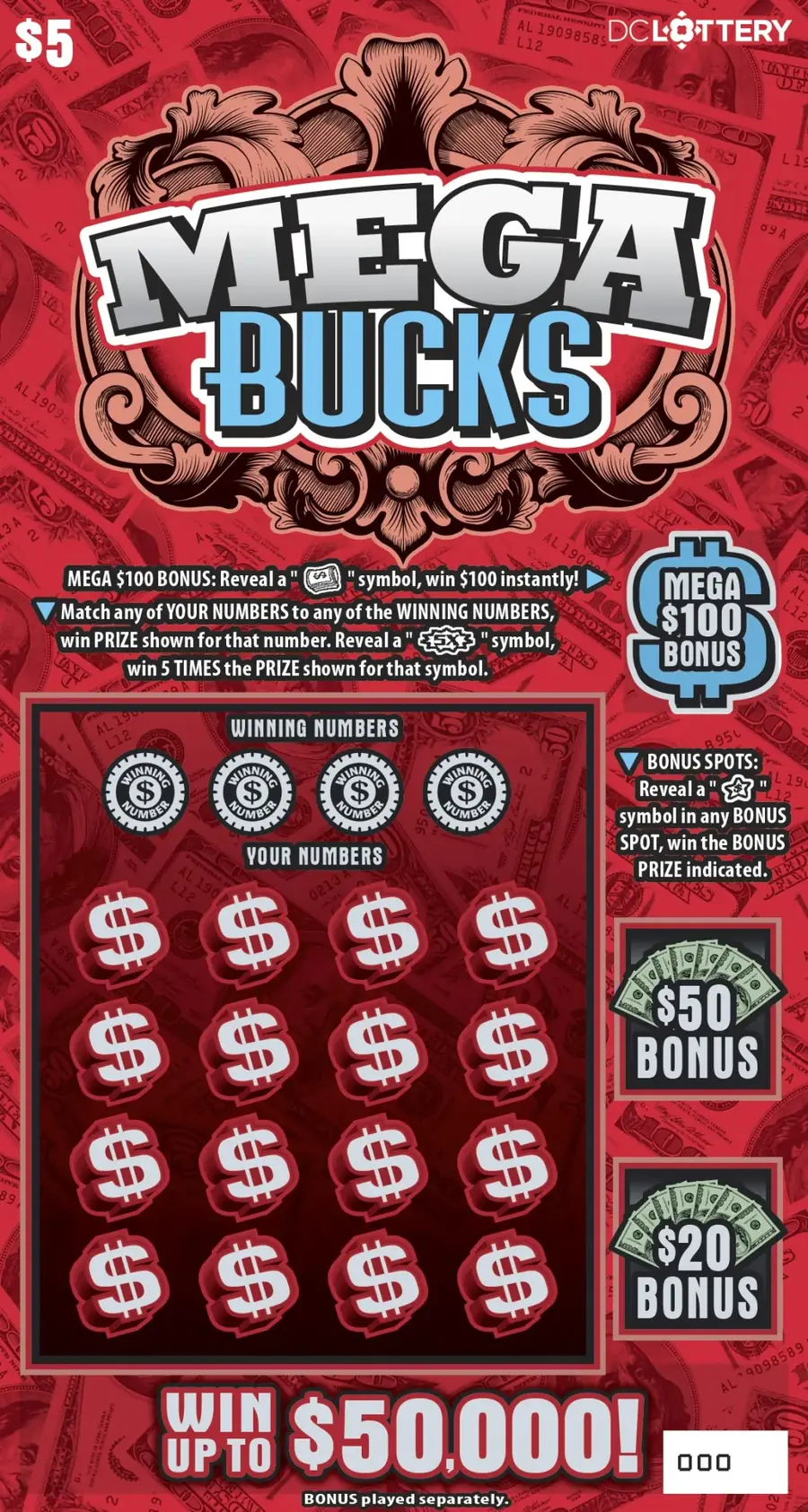 Mega Bucks District of Columbia scratcher ticket