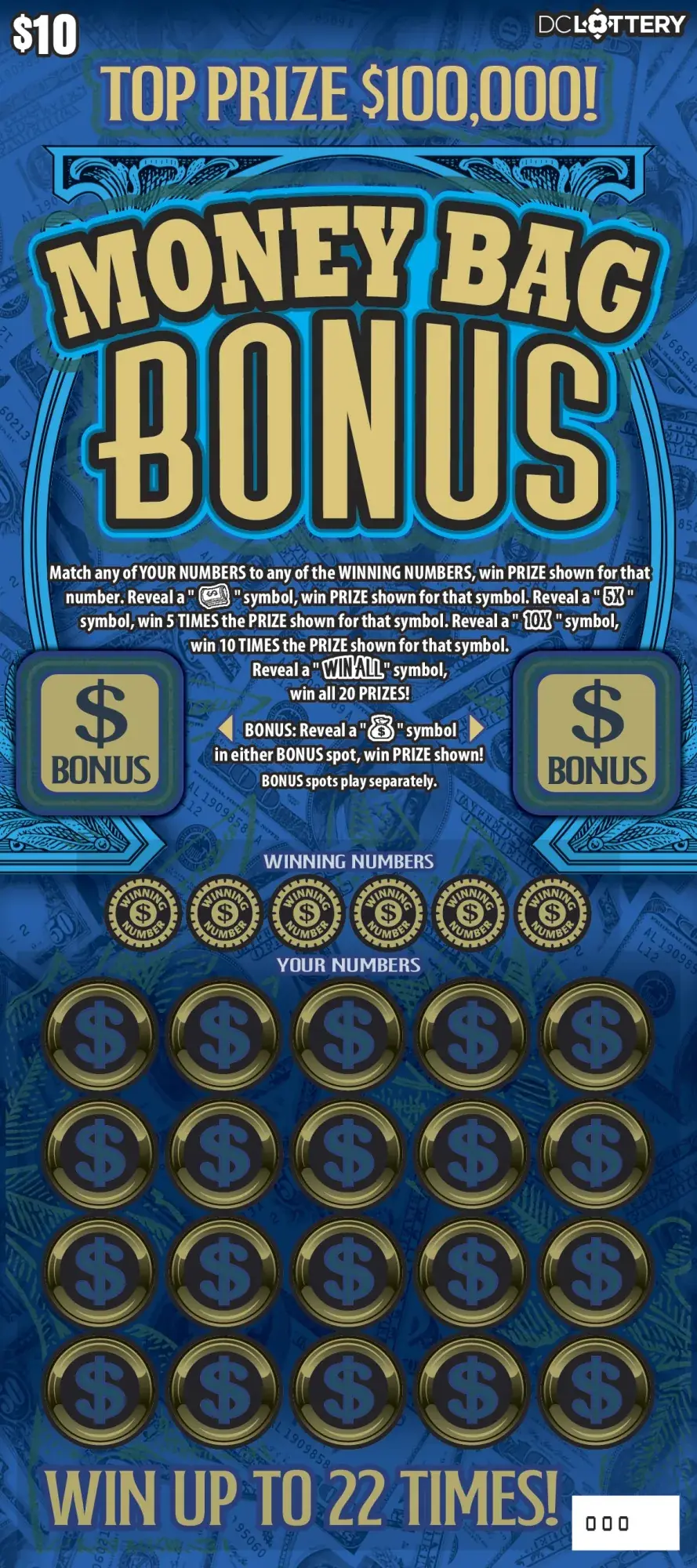 Money Bag Bonus District of Columbia scratcher ticket