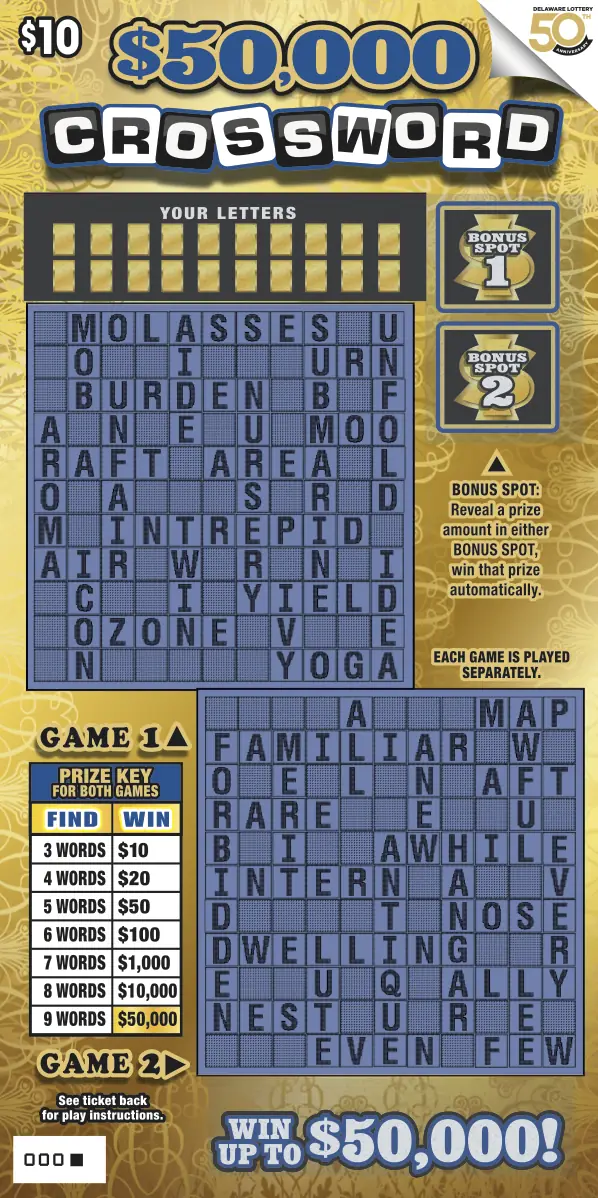 $50,000 Crossword Delaware instant game ticket