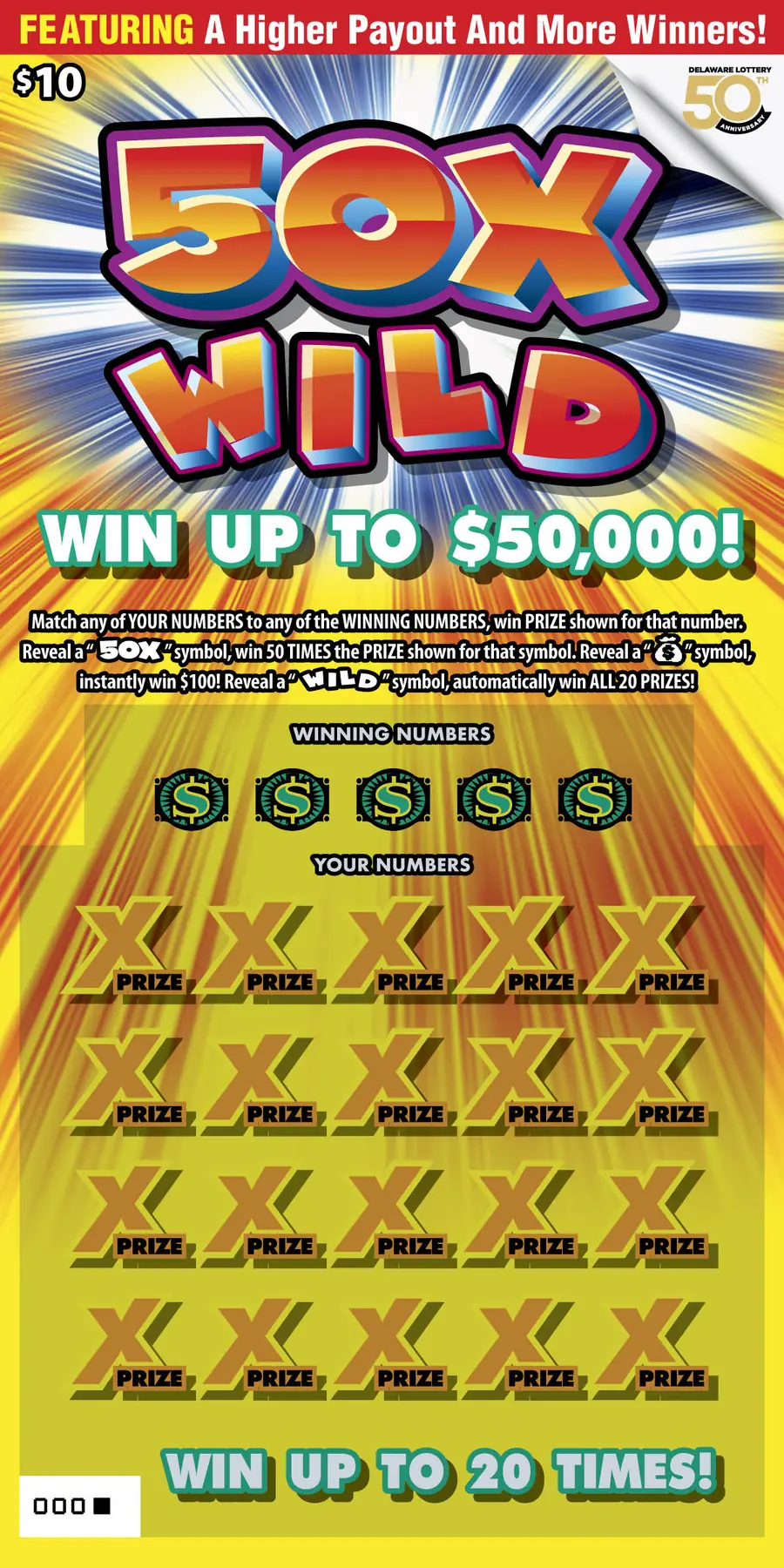 50X Wild Delaware instant game ticket