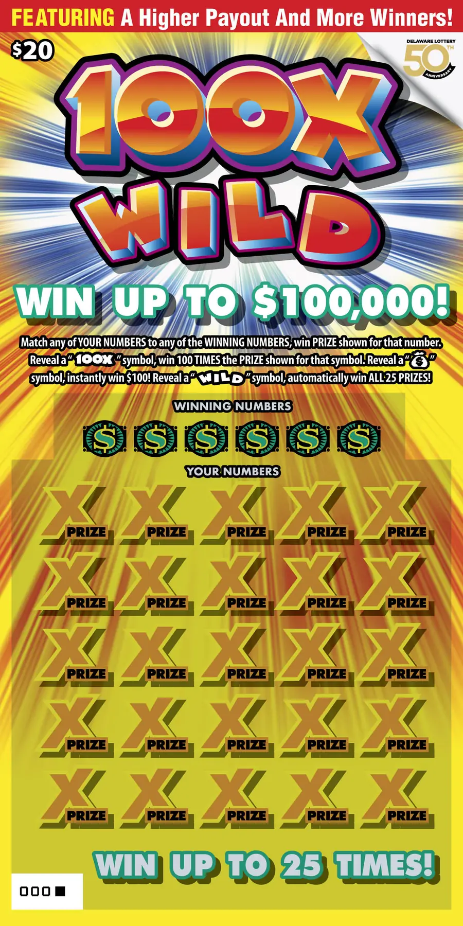 100X Wild Delaware instant game ticket