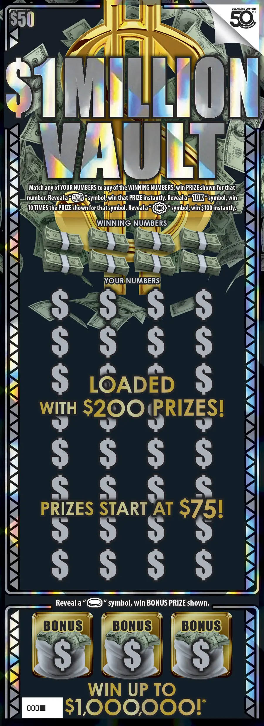 $1 MILLION VAULT Delaware instant game ticket