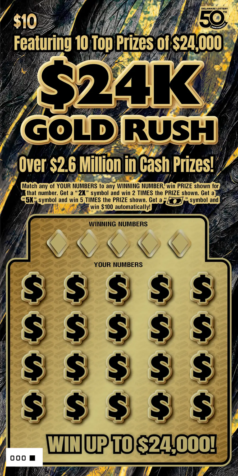 $24K GOLD RUSH Delaware instant game ticket