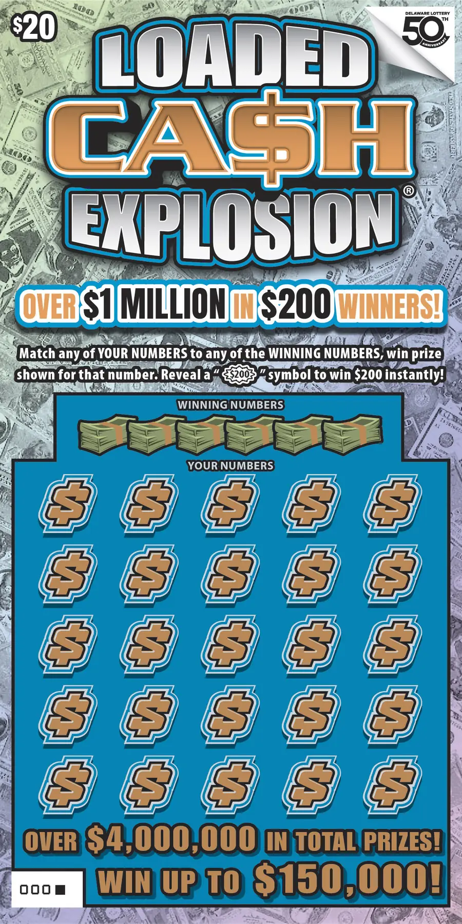 Loaded CA$H Explosion Delaware instant game ticket