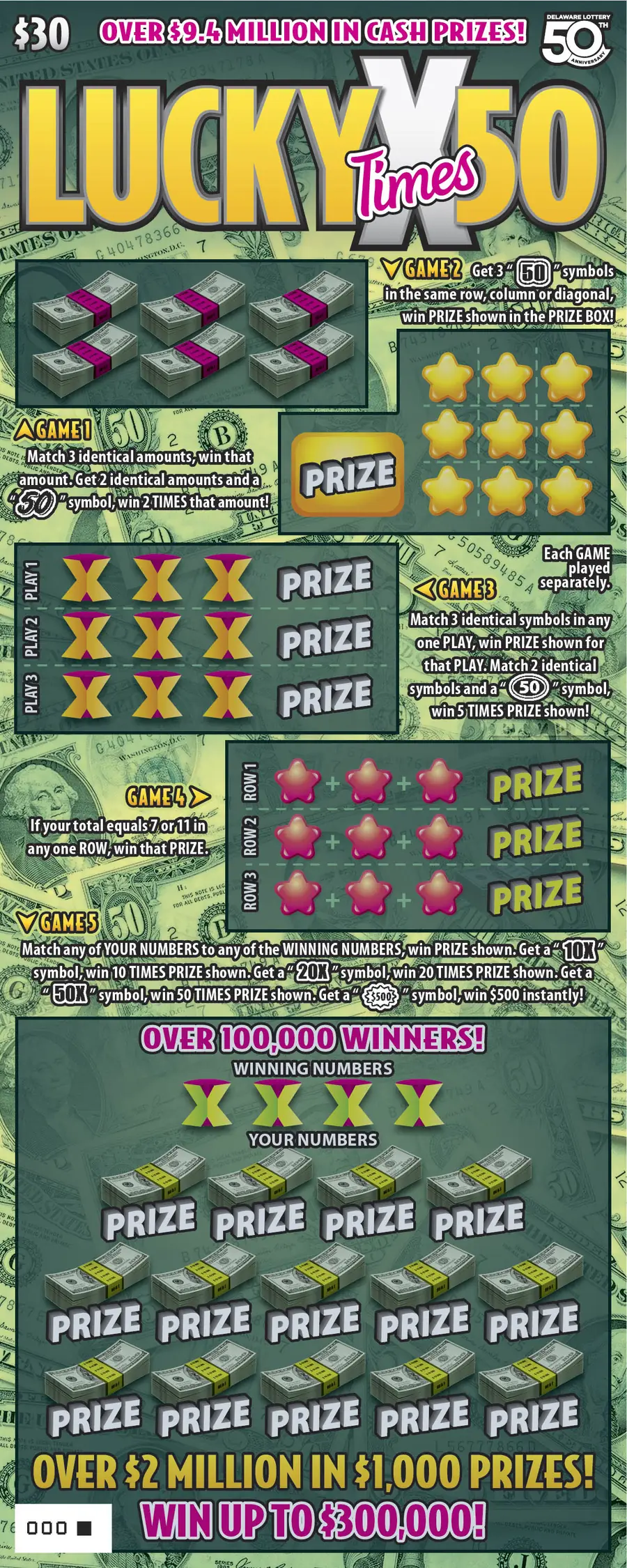 Lucky Times 50 Delaware instant game ticket