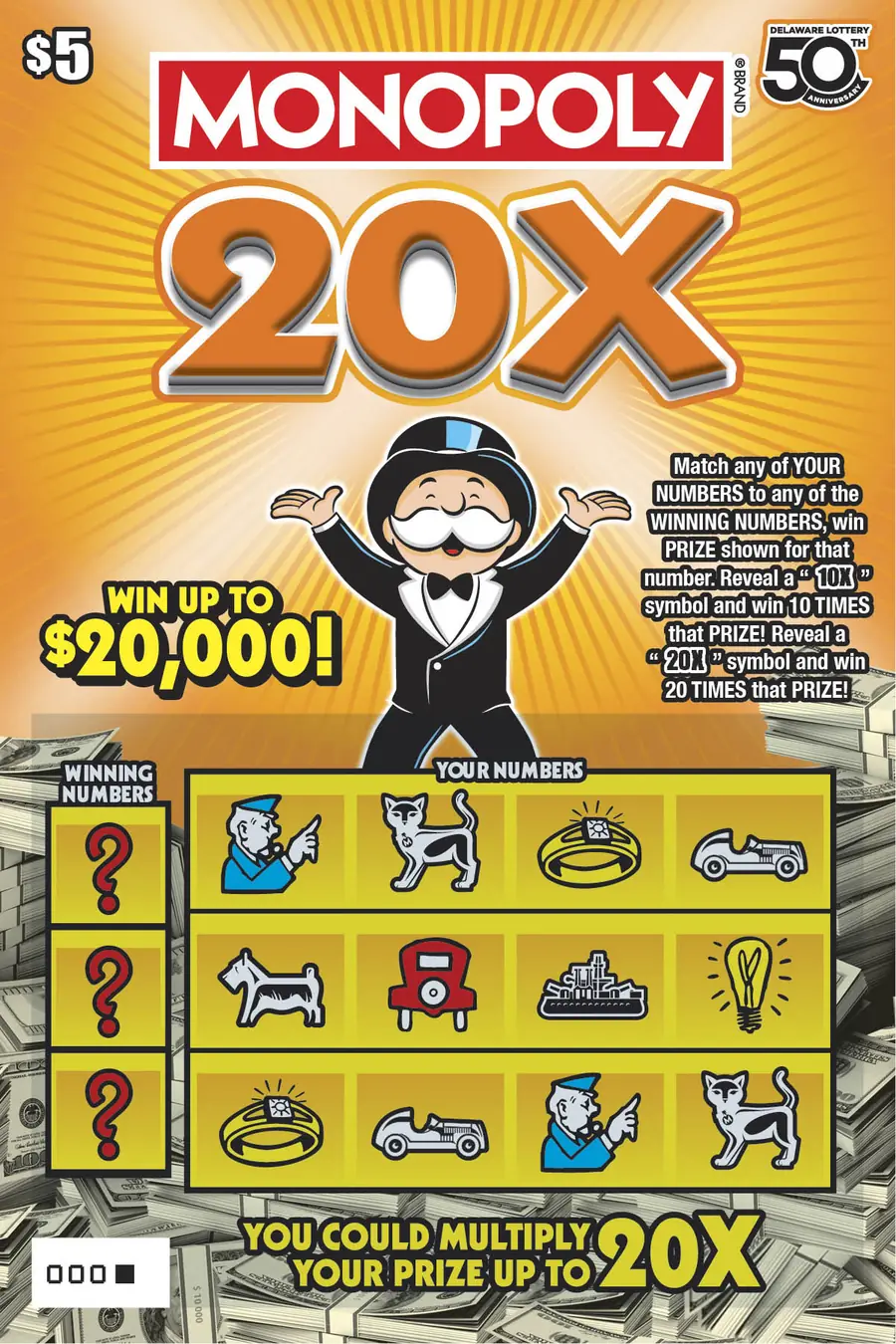 MONOPOLY 20X Delaware instant game ticket