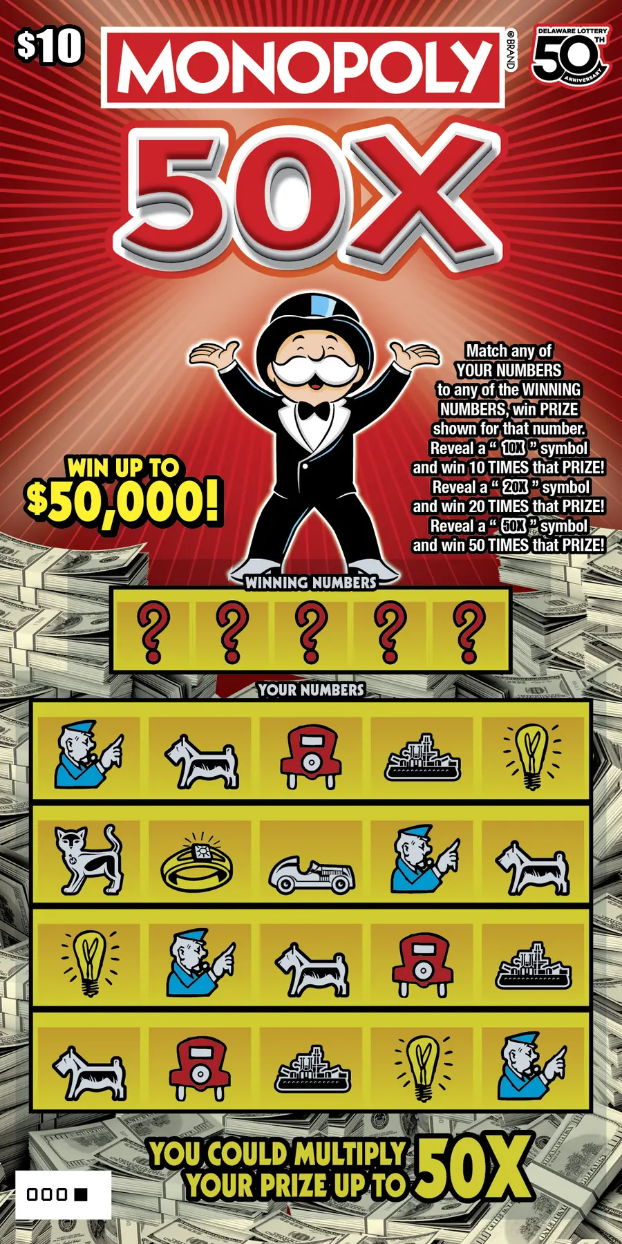 MONOPOLY 50X Delaware instant game ticket