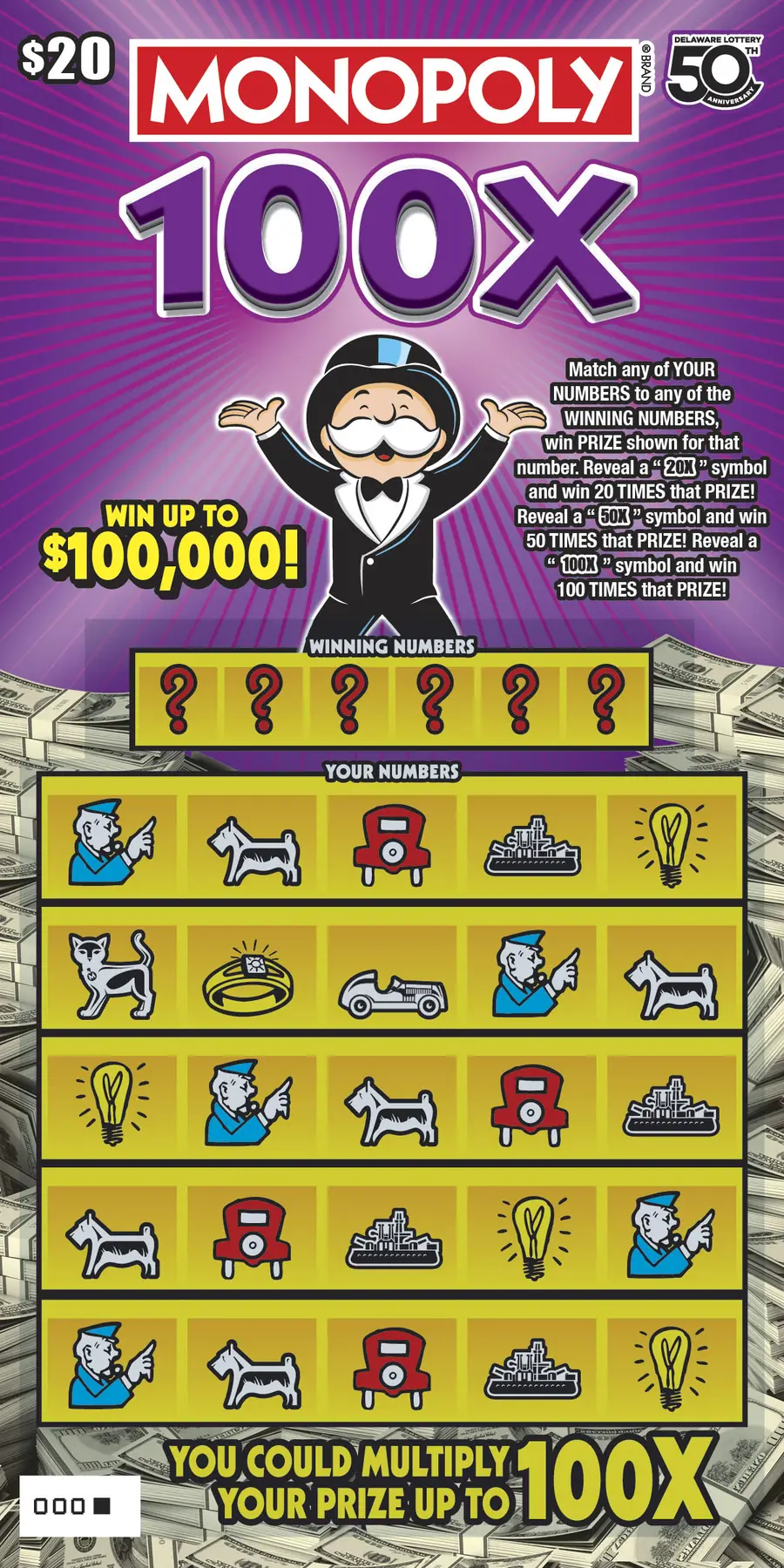 MONOPOLY 100X Delaware instant game ticket