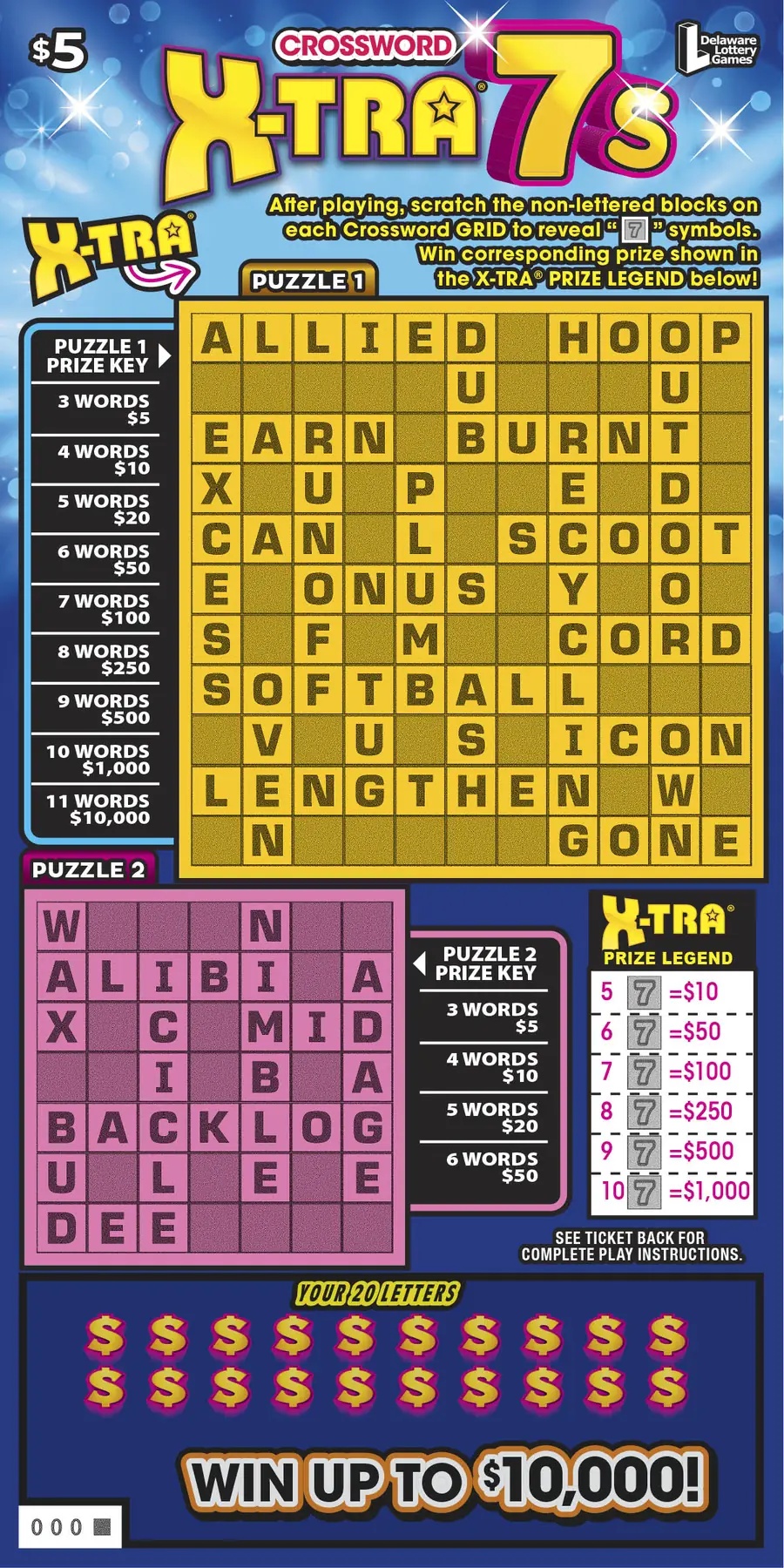 CROSSWORD X-TRA 7S Delaware instant game ticket