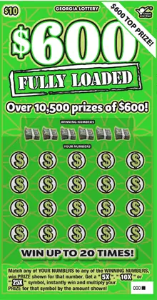 $600 FULLY LOADED Georgia scratcher ticket