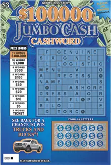 $100,000 JUMBO CASH CASHWORD Georgia scratcher ticket