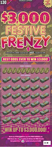 $3,000 FESTIVE FRENZY Georgia scratcher ticket