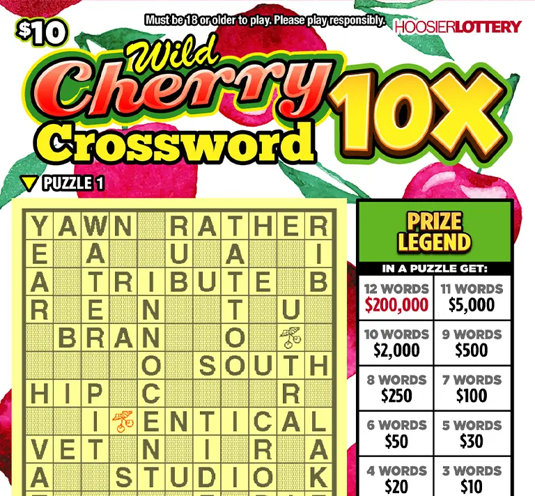 WILD CHERRY CROSSWORD 10X Indiana scratch-off ticket