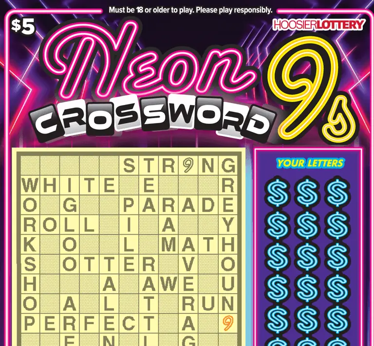 NEON 9s CROSSWORD Indiana scratch-off ticket