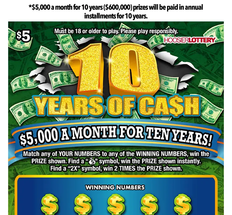 10 YEARS OF CASH Indiana scratch-off ticket