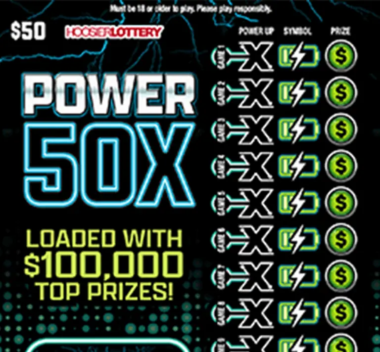 POWER 50X Indiana scratch-off ticket