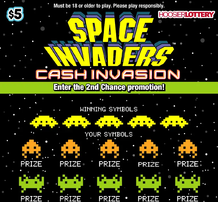 SPACE INVADERS™ CASH INVASION Indiana scratch-off ticket