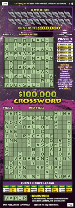 $100,000 Crossword Kansas scratch ticket ticket