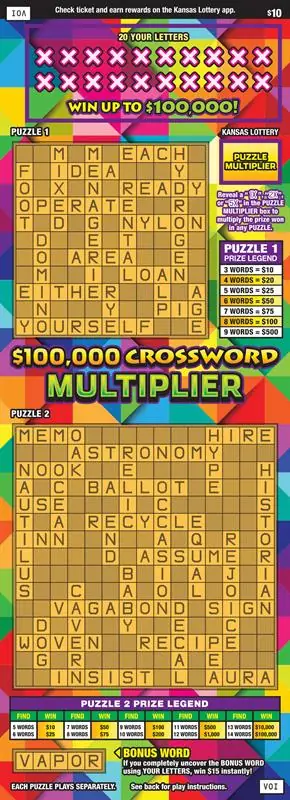 $100,000 Crossword Multiplier Kansas scratch ticket ticket