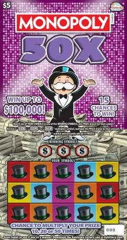 Monopoly® 50X Kentucky scratch-off ticket