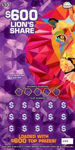$600 Lion's Share Kentucky scratch-off ticket
