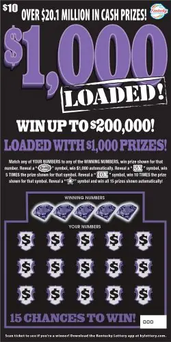 $1000 Loaded! Kentucky scratch-off ticket