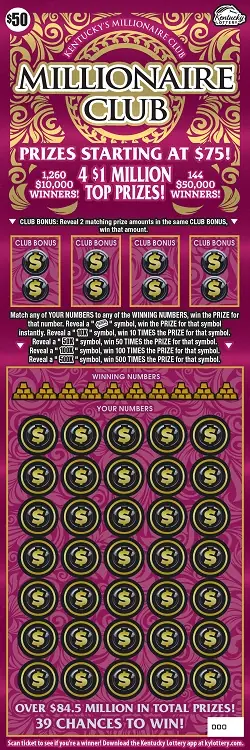 Millionaire Club Kentucky scratch-off ticket