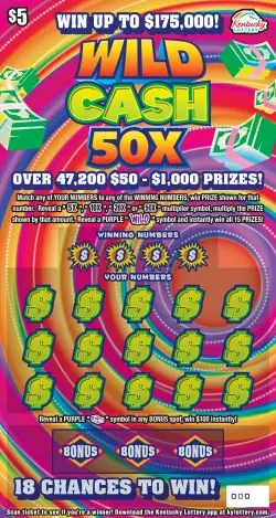 Wild Cash 50X Kentucky scratch-off ticket