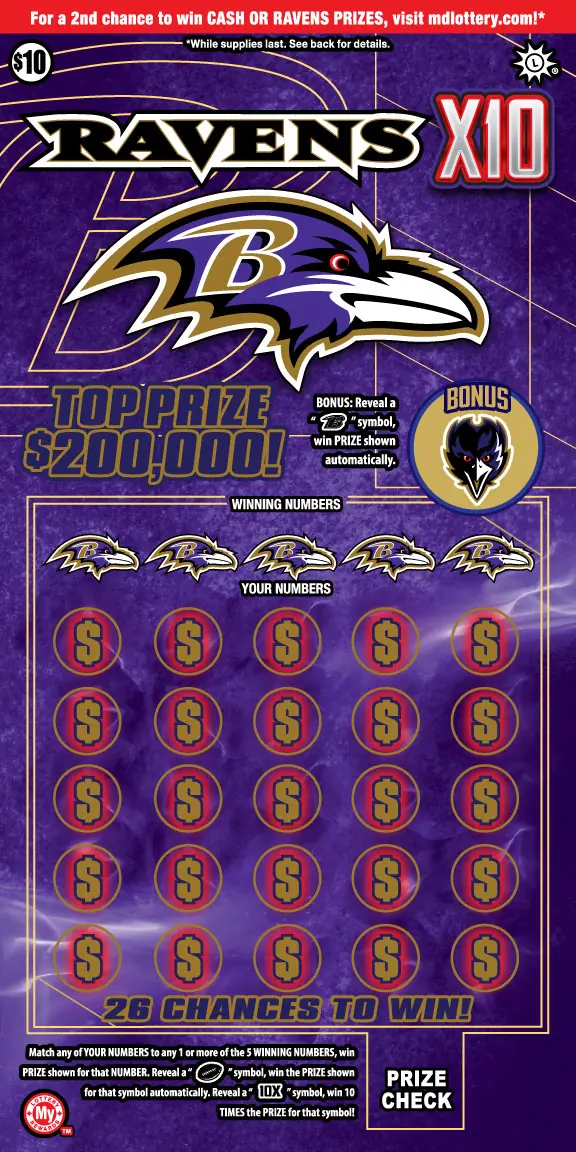 Ravens X10 Maryland scratch-off ticket