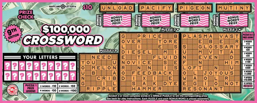 $100,000 Crossword Maryland scratch-off ticket